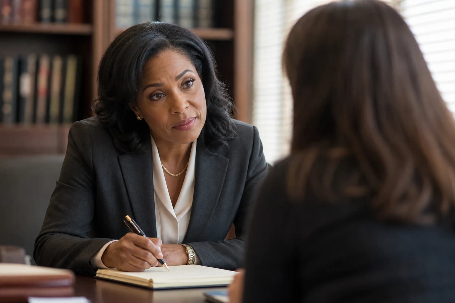 An attorney across the table, listening carefully and writing everything down