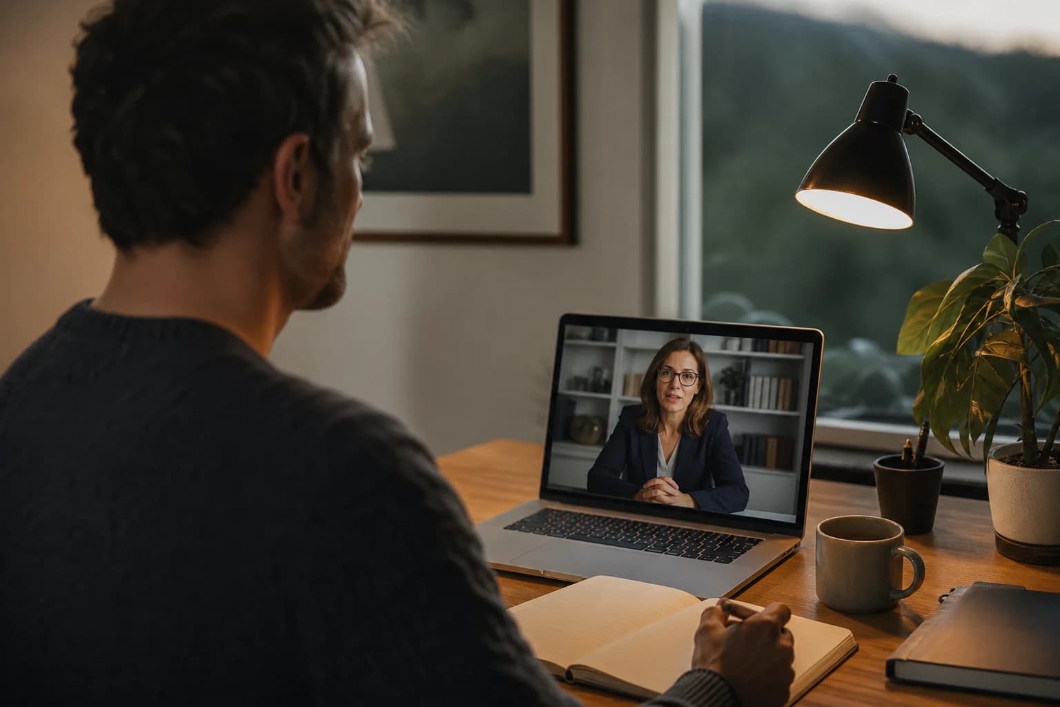 A man at his home desk in the evening, mid video call, notes beside the laptop