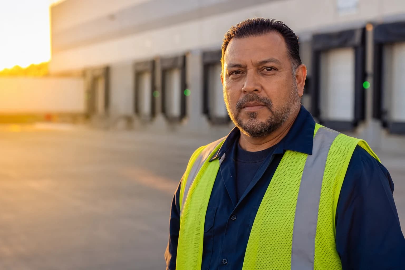 A warehouse worker pausing outside the loading docks as the sun goes down