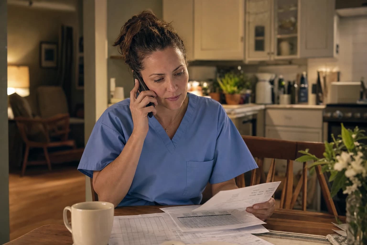 A worker in scrubs at her kitchen table late in the evening, phone to her ear, pay records spread out in the lamplight